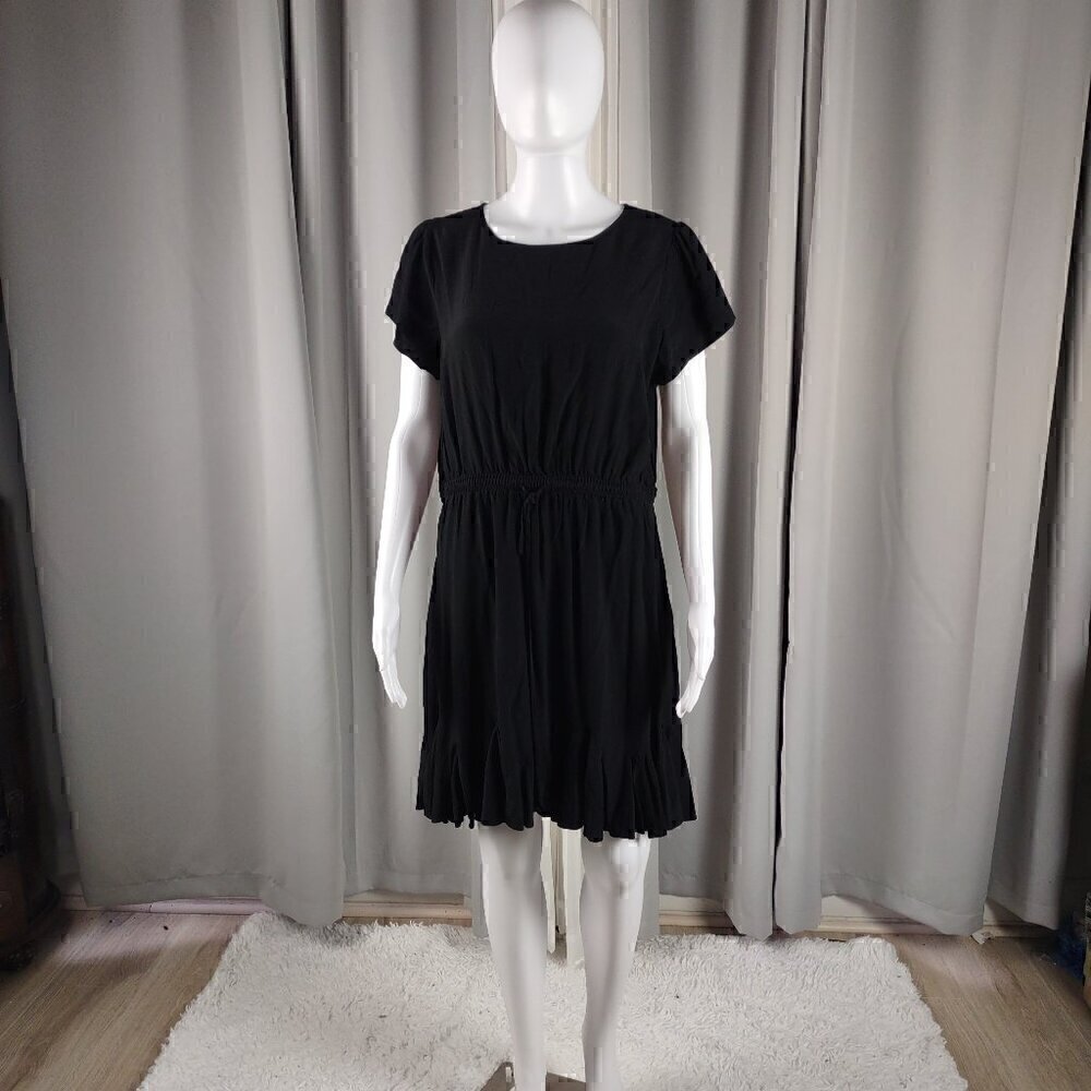 LOFT Petites LP Black Viscose Midi Dress Elastic Waist Short Sleeve Ruffle Hem